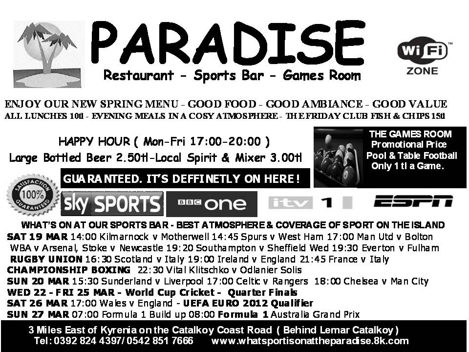 Live Sport Showing This Saturday at Paradise Bar - Catalkoy Coast Road